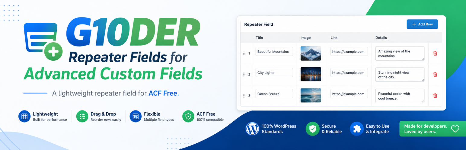 G10DER Repeater Fields for Advanced Custom Fields
